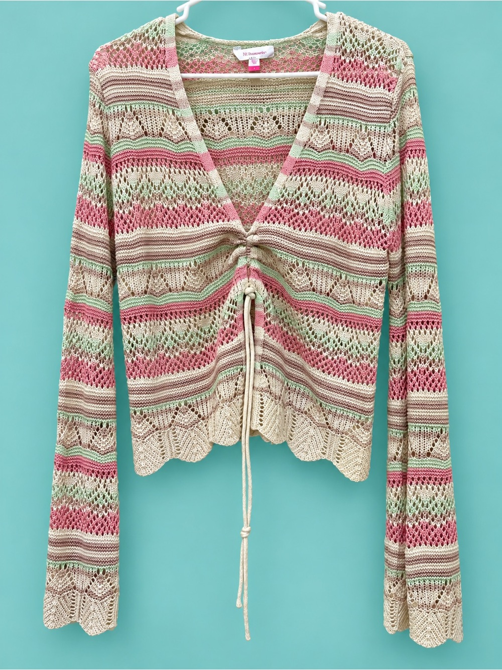 No Boundaries Cream V-Neck Cardigan with Pink & Mint Stripes
